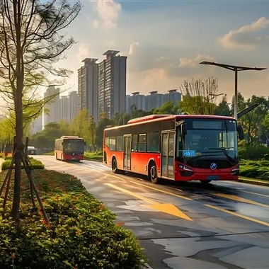 A cityscape with electric buses and bike lanes, promoting sustainable transportation to reduce urban carbon emissions.