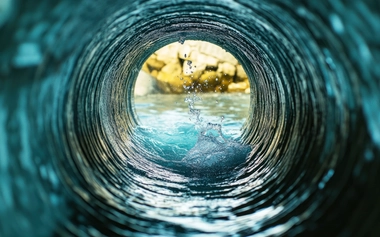 View from inside a seawater intake pipe with ocean water splashing, representing desalination.