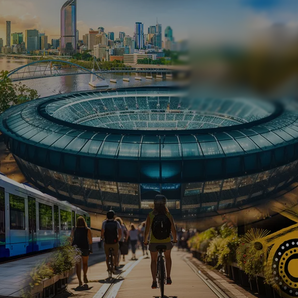 Brisbane sustainable stadium design with modern transport and cycling infrastructure for inclusive 2032 Games legacy.