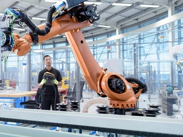 An articulated industrial robot used in automated manufacturing