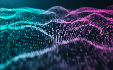 A digital landscape of binary code in wave-like patternn