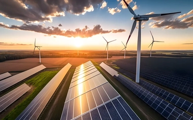 solar panels and wind turbines in an energy plant 