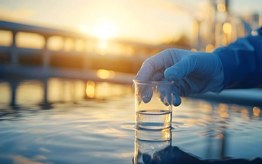 Gloved hand holding a small beaker