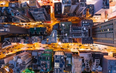 aerial view of buildings and busy streets