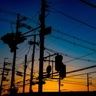 The shadows of power lines illuminated by the morning glow