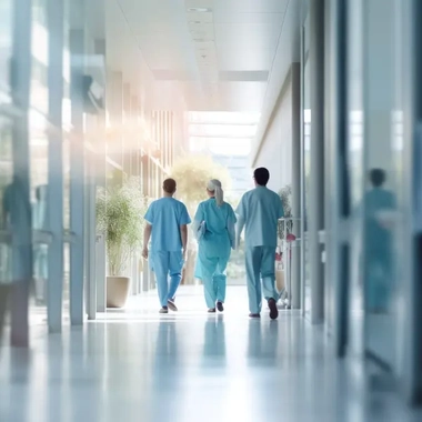 medical professionals walking in a hallway 