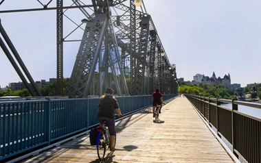 Wooden vintage bridge in Ottawa open to walking and cycling pedestrian friendly