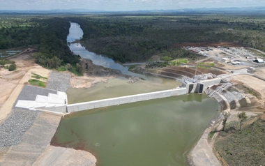 Aerial view of a weir over a river