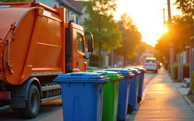 Garbage truck collects waste alongside colorful bins on residential street.