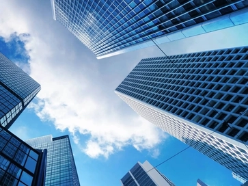 low-angle view of modern glass skyscrapers