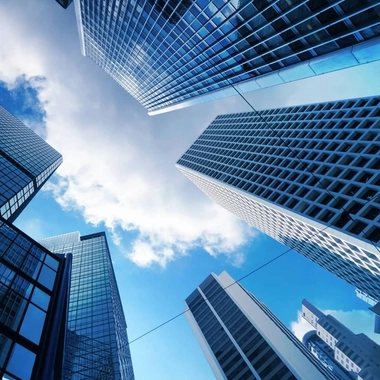 low-angle view of modern glass skyscrapers