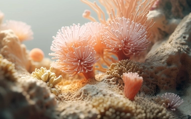 Soft pink and beige coral-like sea anemones on a sandy underwater reef