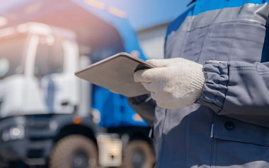 waste management personnel holding a tablet