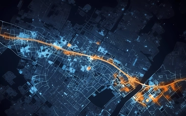 Digital city map visualisation showing GIS data networks and infrastructure connections