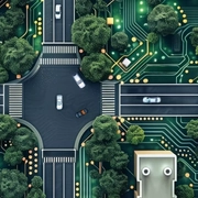 Aerial view of city planning that looks like a motherboard