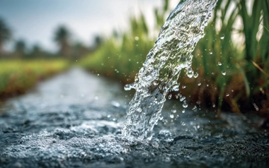 Clean water flows from an irrigation channel through a green agricultural field