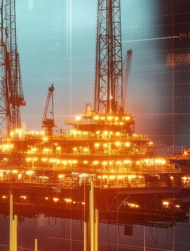 Offshore oil platform with overlaid bar chart and financial data visualization representing energy industry reporting