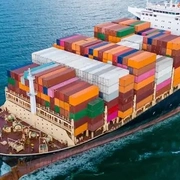 Aerial View of Large Container Ship Sailing on Open Sea