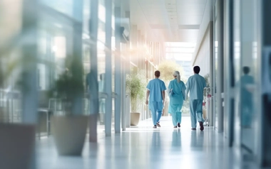 Medical professionals walking in the hallway of a hospital
