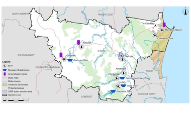 Gympie region showing existing water supply schemes and their locations. 