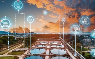 Water treatment plant top view with digital graphics