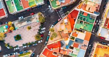 top view of community and residential buildings
