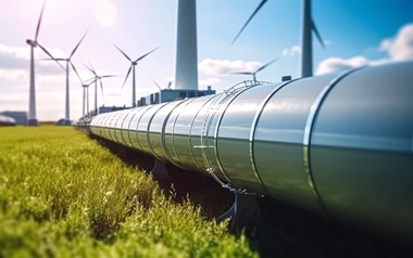 Large pipeline running through a grassy field with wind turbines in the background