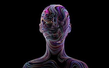 Colorful wavy lines outline a human head and shoulders