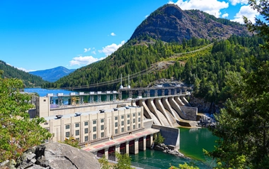 Brilliant Dam on the Kootenay River upstream from Castlegar in the West Kootenay region of British Columbia, Canada