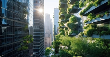 Buildings in city with greenery