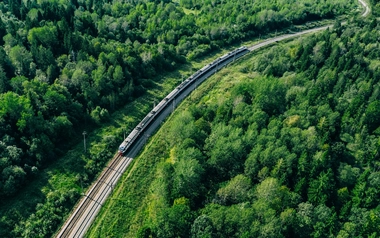 Aerial view of train in green forest