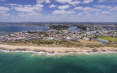 Aerial view of Greater Bunbury coastline with urban areas beside the ocean