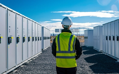 Person in high‑visibility vest and hard hat walking between rows of outdoor battery storage units