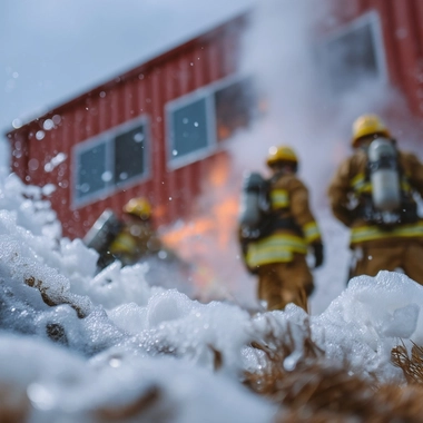Firefighters walk through foam-covered ground toward a burning structure