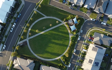 Green lawn with circular pathway