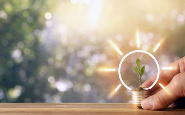 hand holding a light bulb with soil and a small plant growing inside it, symbolizing growth, sustainability, and eco-friendly energy solutions