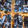 aerial view of buildings and busy streets