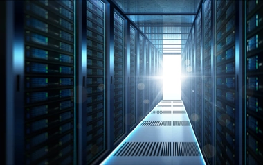 Data centre server racks in a long corridor