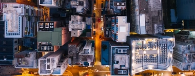 aerial view of a downtown district at night