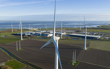 Wind turbines near a coastal data centre site