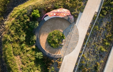 Aerial view of landscaped lookout beside a shared path