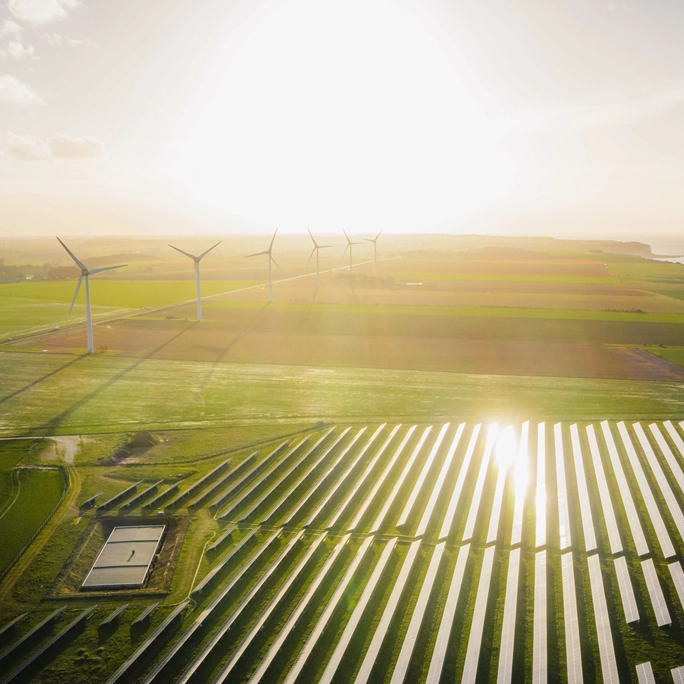 Wind turbines and solar panels farm