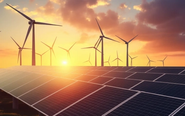 Solar and Wind Farm during sunset
