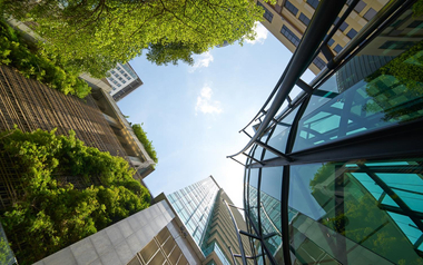 Bird's eye view of sustainable buildings and trees