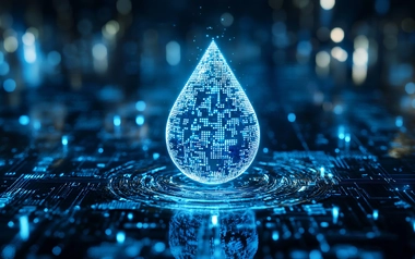 Blue digital water droplet floating above glowing circuit surface
