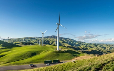 Wind farm next to a state highway in New Zealand 