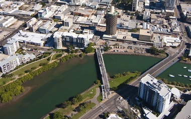 aerial view of building and houses