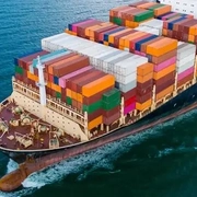 Aerial View of Large Container Ship Sailing on Open Sea