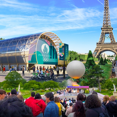 Composite image of different aspects of the Paris 2024 Olympics, including a stadium and a crowd, a balloon, and the Eiffel Tower.