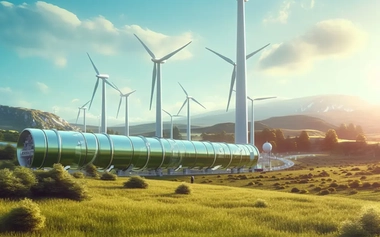 green hydrogen pipeline surrounded with wind turbines